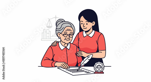 Young woman helps elder sign legal document, scales of justice in background