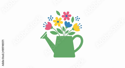 A vibrant green watering can overflowing with colorful, stylized flowers and greenery