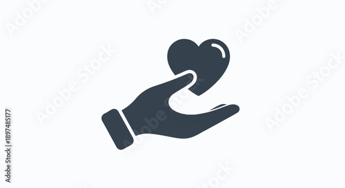 A stylized dark blue icon of a hand gently holding a heart