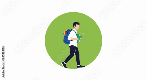 Student walks with backpack and books within a green circle