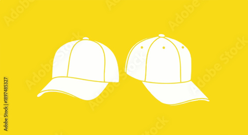 Two white baseball caps shown in a simple, flat illustration style on a bright yellow background