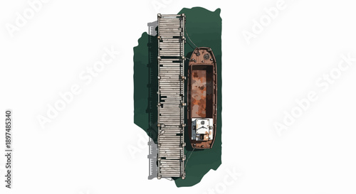 Aerial view of a rustic wooden pier with a weathered barge docked alongside dark green water