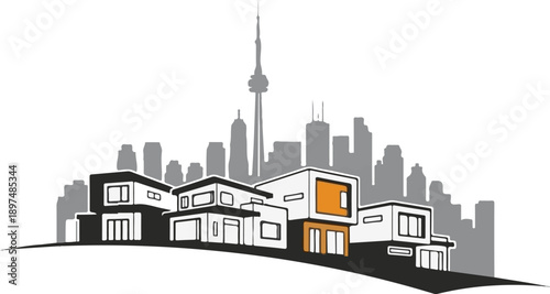 Modern homes and a distant city skyline with a prominent tower