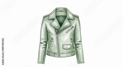 Watercolor illustration of a light green, zip-up motorcycle jacket with pockets