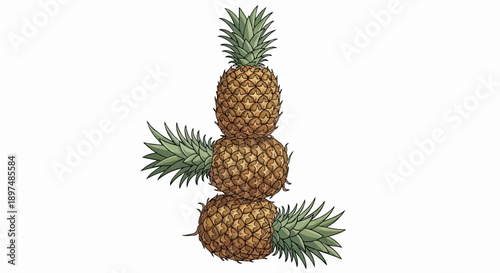 Three stacked pineapples form a unique, textured sculpture on a white background