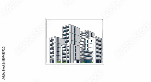 A stylized illustration depicts a cluster of modern, multi-story buildings with balconies and windows