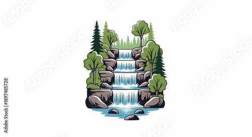 Serene tiered waterfall cascades through rocky terrain surrounded by lush trees