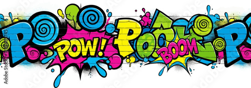 Vibrant comic-style graffiti art with explosive words on a brick wall