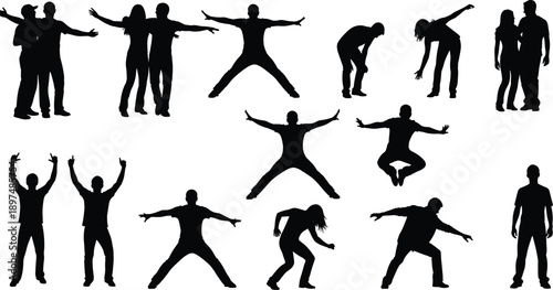 Large set of diverse people silhouettes in various active poses jumping dancing standing and celebrating success for community and lifestyle