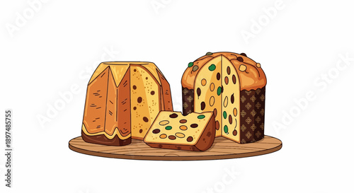 Delicious Christmas cakes with candied fruit, presented on a wooden board