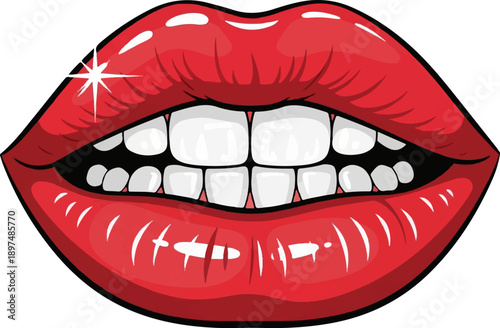 Bright red lips parted to reveal perfect white teeth, with a glint of light