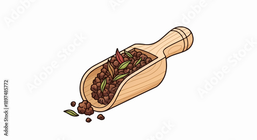 Wooden scoop filled with dark beans, herbs, and scattered legumes