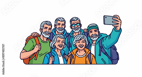 A diverse group of smiling seniors take a selfie while out on an adventure