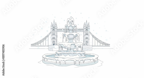 Stylized winter scene featuring a frozen fountain before a bridge under snowfall