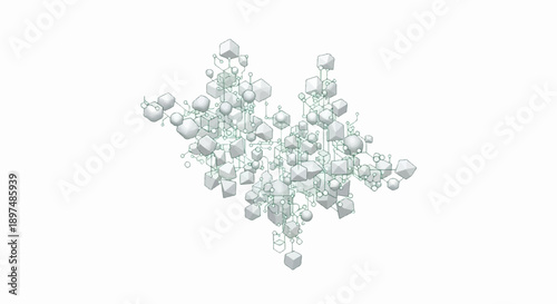 Abstract 3D network of geometric shapes and spheres connected by lines on a white background