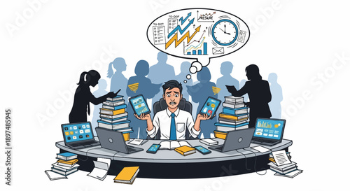 Overwhelmed businessman juggling tasks amidst looming pressure, surrounded by colleagues and a sea of data