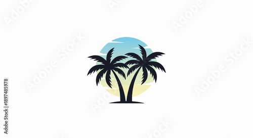Silhouette of two palm trees against a sun setting with gradient hues of blue, yellow, and green