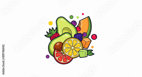 A vibrant, stylized assortment of fruits and berries arranged artfully