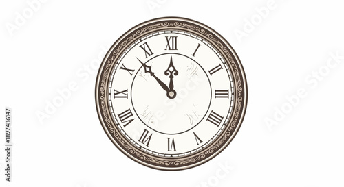 An ornate, antique-style clock face with Roman numerals and decorative bordering