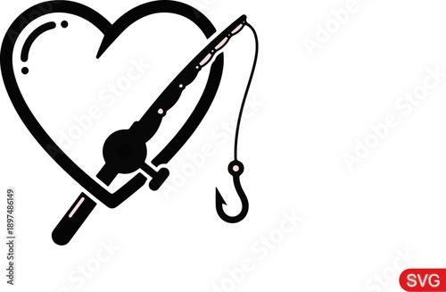 A black outline of a heart with a fishing rod and hook