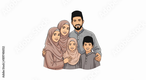 A loving family of five, two parents, two daughters, and one son, dressed in traditional modest attire