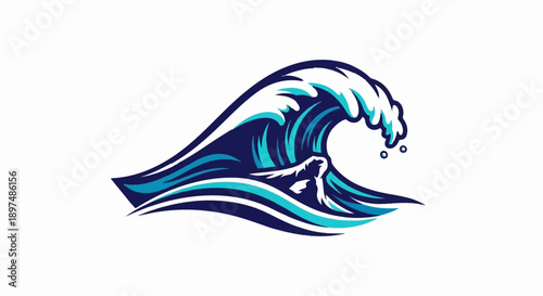 Stylized wave with crest and spray, rendered in blues and white