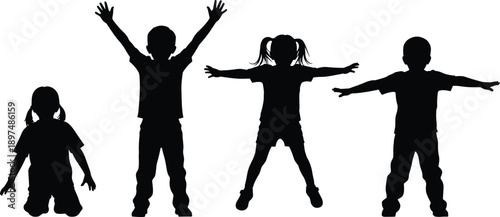 Silhouettes of diverse happy children playing and jumping with arms raised in joy representing childhood freedom fun and youth vitality