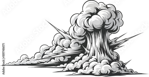 A dramatic, monochrome comic-style explosion with billowing smoke and sharp, energy bursts