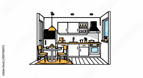 A cozy, minimalist kitchen illustration featuring a dining nook and functional appliances