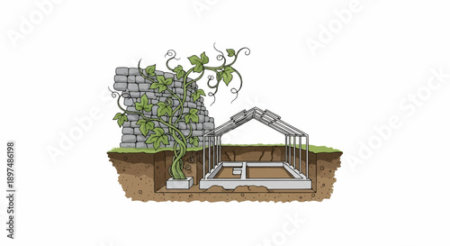 Stone wall and vine next to an unfinished greenhouse frame