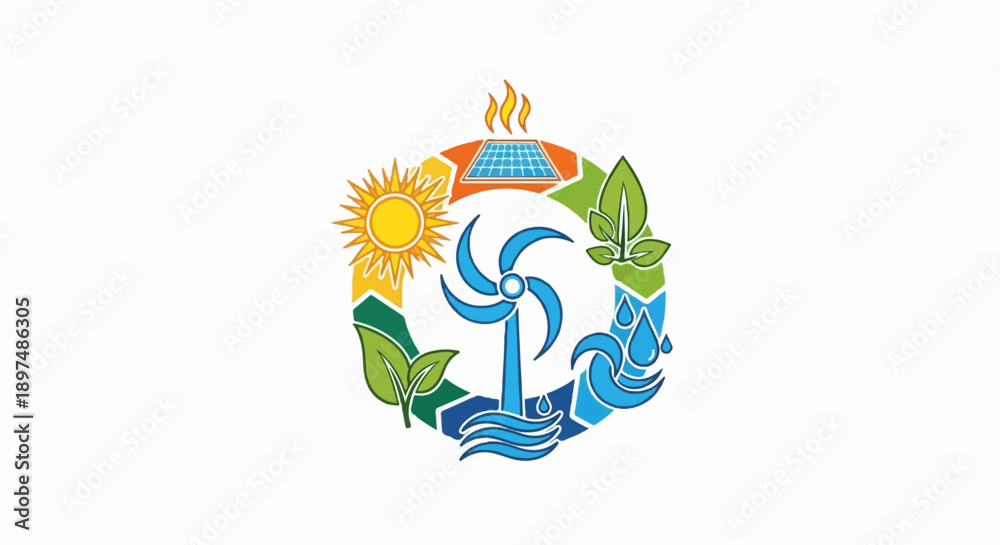 Obraz premium Diverse renewable energy sources form a circular emblem