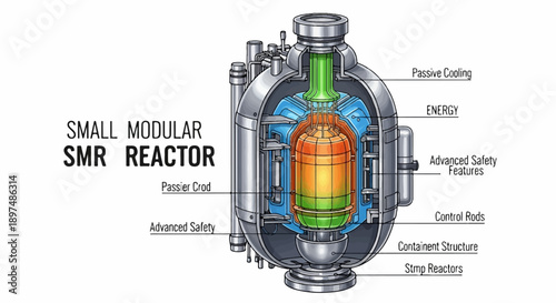Cutaway illustration of a small modular reactor with labeled components and functions