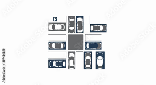Overhead view of a parking lot diagram with cars parked in various spots