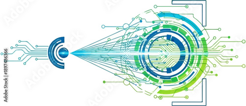 Abstract futuristic circuit board with glowing energy beam connecting two points