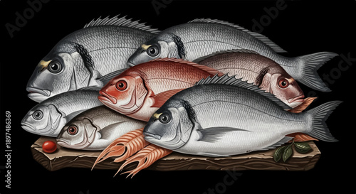 A still life arrangement of various fresh fish and crustaceans on a dark background