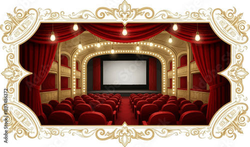 Ornate frame surrounds a vintage theater interior with red velvet seats and curtains