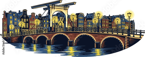 Ornate canal bridge with illuminated historic buildings and reflections