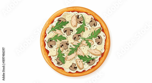 Delicious overhead view of a round pizza with chicken, mushrooms, and arugula