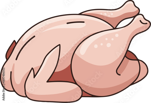 A cartoon-style, whole raw chicken, ready for cooking, presented on a white background
