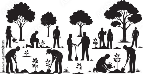 Group of people planting trees and caring for small saplings in garden vector silhouette