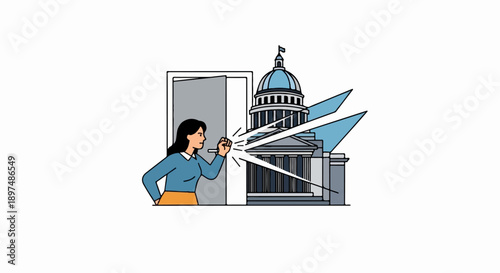 Woman knocks on a building with a dome, symbolizing access or demand