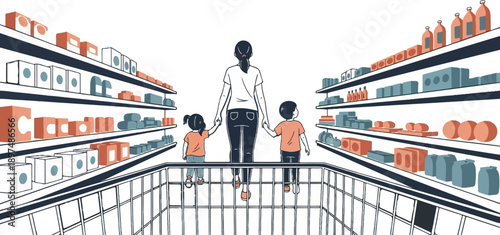 Family shopping trip, mother and two children with a cart navigate grocery store aisles