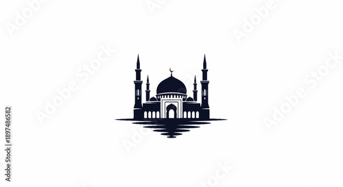 A dark silhouette of a grand mosque with multiple minarets and a central dome, reflected on water