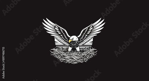 Majestic eagle with outstretched wings perches in a nest, against a dark backdrop