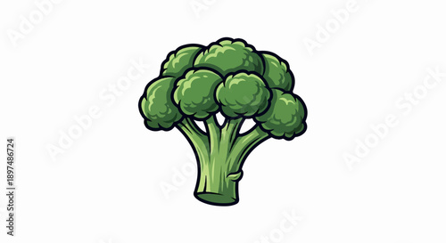 Cartoon broccoli head, bright green, with thick black outline and stem
