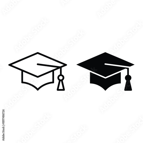 Two graduation cap icons one outlined one filled both facing forward
