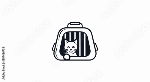 A minimalist line art illustration of a white cat peeking out of a black pet carrier with bars