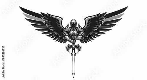 A winged warrior in armor holds a sword