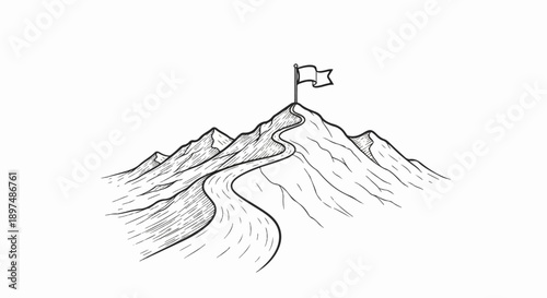 Hand-drawn sketch of a winding path leading to a flag atop a mountain summit