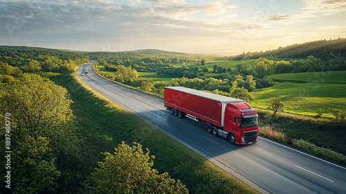 A red semi-truck moving through a lush rural landscape, long highway stretching into the distance, minimal traffic, clean commercial realism